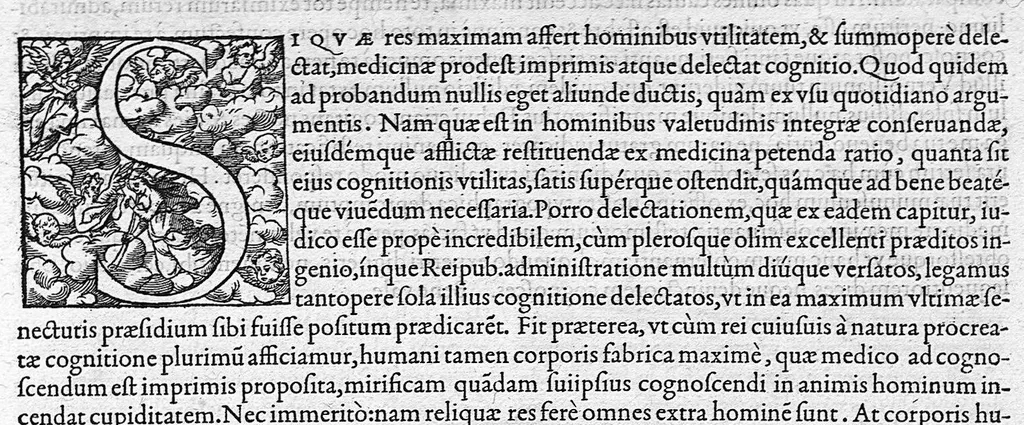 An illustration from Anatomes totius, aere insculpta delineatio, cui addita est Epitome, innumeris mendis repurgata, quam de corporis humani conscripsit... And. Vesalius. Eique accessit partium corporis tum simplicium tum compositarum brevis elucidatio, per Jacobum Grevinum, 1565, leaf 2