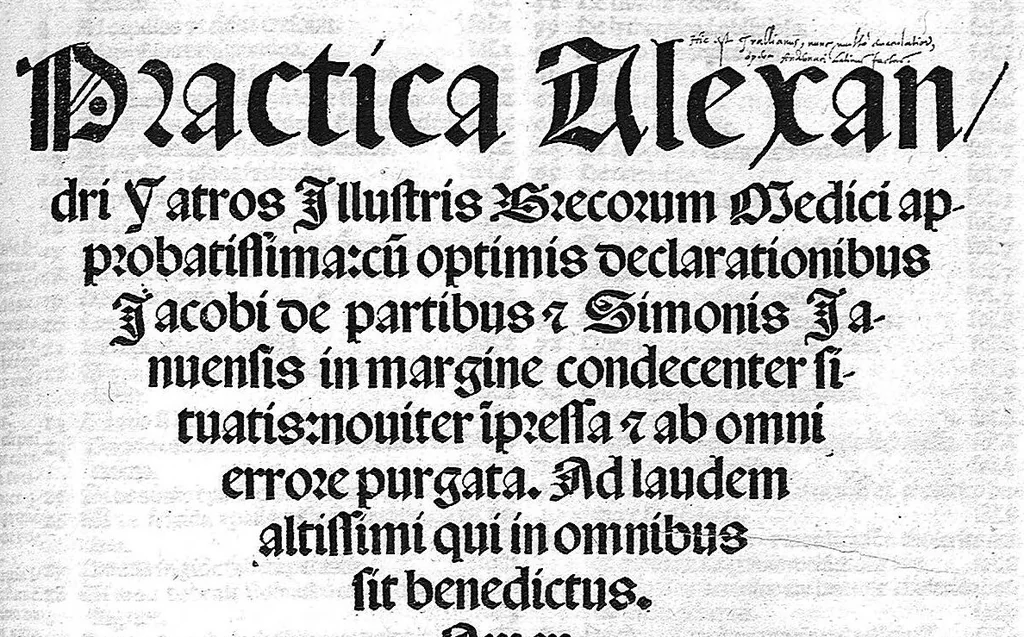An illustration from Practica Alexandri yatros ... cum optimis declarationibus Jacobi de partibus et Simonis Januensis in margine condecenter situatis..., 1522, leaf 0