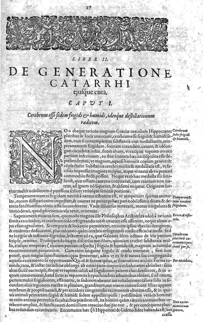 An illustration from Opera Therapeutica : Nimirum I. Tractatus de Crisibus. II. Tractatus de mirabili strumas sanandi vi, solis Galliæ Regibus diuinitus concessa. III. Tractatus de nobilitate visius, eiusq[ue] conservatione. IV. De Melancholia libri II. V. Tractatus de Senectute. VI. De morbo articulari tractatus. VII. De Lepra tractatus. VIII. Tractatus de lue Venerea, 1627, leaf 174