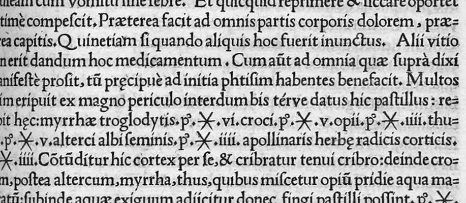 An illustration from Scribonii Largi de Compositionibus medicamentorum Liber unus, antehac nusquam excusus : Joanne Ruellio, doctore medico castigatore., 1528, leaf 38