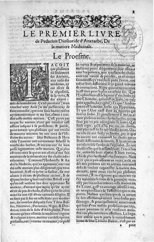 An illustration from Les six livres de Pedarion Dioscoride d’Anazarbe de la matiere medicale, translatez de Latin en François. A chacun Chapitre sont adjoustees certaines annotations fort doctes, et recueillies des plus excellens Medecins, anciens et modernes, 1553, leaf 12