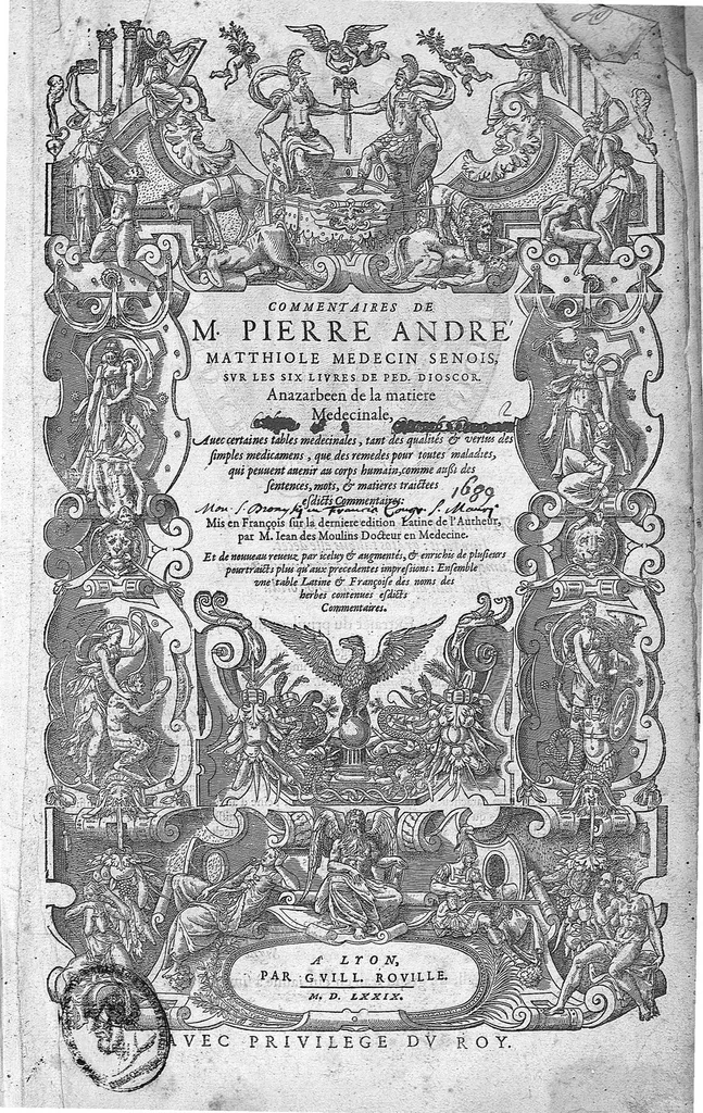 An illustration from Commentaires de M. Pierre André Matthiole medecin senois, sur les six livres de Ped. Dioscor. Anazarbeen de la matiere Medecinale, …, 1579, leaf 0