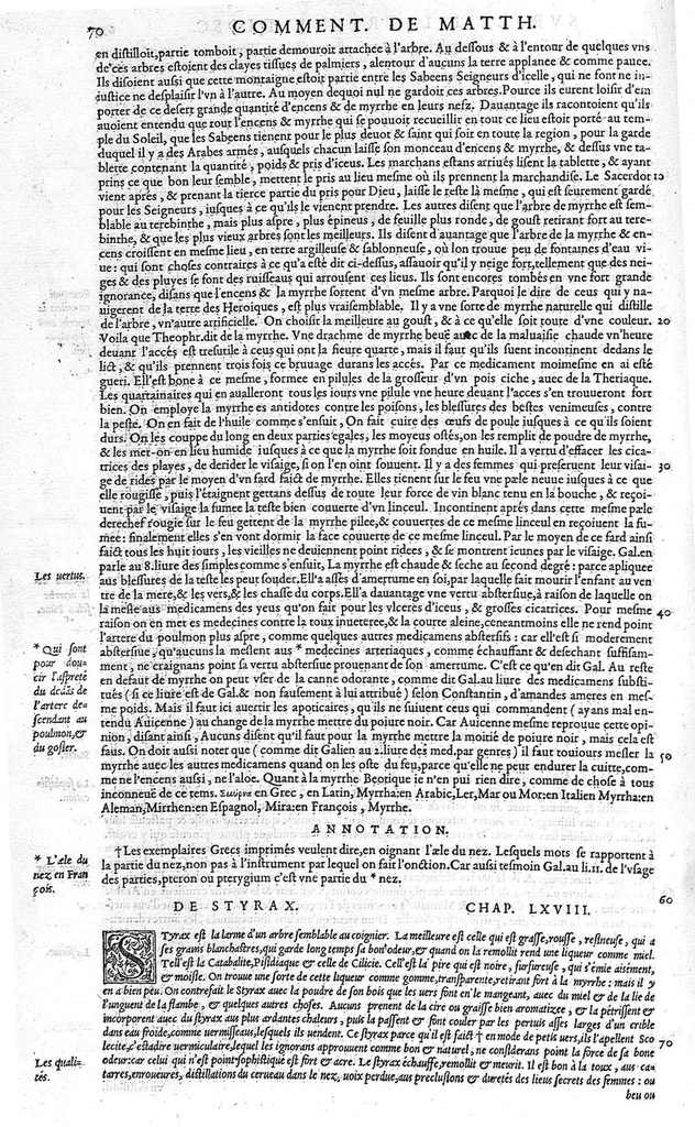 An illustration from Commentaires de M. Pierre Andre Matthiole medecin senois sur les six livres de Ped. Dioscoride Anazarbeen de la matiere medicale, Reveuz et augmentés en plus de mille lieux par l’autheur mesme, et enrichis pour la troisiéme fois, d’un grand nombre de pourtraits, de plantes et animaux tirés au vif, plus qu’aux precedentes editions. Avec certaines tables medecinales, tant des qualités et vertus des simples medicamens, que des remedes pour toutes maladies, qui peuvent avenir au corps humain, comme aussi les sentences, mots, et matieres traictees esdicts Commentaires : Davantage y a sur la fin, divers pourtraits de fourneaux et alembics, pour distiller et tirer les eaux de toutes plantes, avec le moyen de les conserver en leur naïves odeurs. Mis en François sur la derniere edition Latine de l’Autheur, par M. Jean des Moulins Docteur en Medecine, 1572, leaf 204