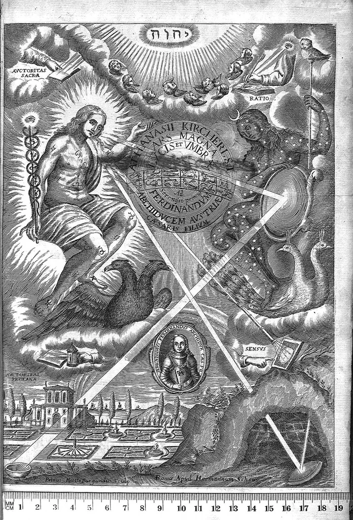An illustration from Ars magna lvcis et vmbrae, in decem libros digesta. Qvibvs admirandae lvcis et vmbrae in mundo, atque adeò vniuersa natura, vires effectusq, vti noua, ita varia nouorum reconditiorumq, speciminum exhibitione, ad varios mortalium vsus, panduntur, 1646, leaf 0