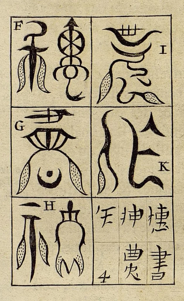 An illustration from La Chine d'Athanase Kirchere de la Compagnie de Jesus, illustrée de plusieurs monuments tant sacrés que profanes, et de quantité de recherches de la nature & de l'art a quoy on à adjousté de nouveau les questions curieuses que le serenessime Grand Duc de Toscane a fait depuis peu du P. Jean Grubere touchant ce grand Empire. Avec un dictionnaire chinois & françois, lequel est tres-rare, & qui n'a pas encores paru au jour, 1670, leaf 373