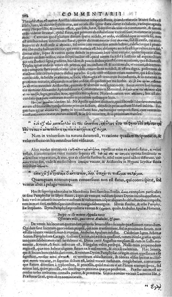 An illustration from Theophrasti Eresii, peripateticorum post Aristotelem principis, Pleraque : antehac Latine nunquam, nunc Graece & Latine simul edita. Interpretibus, Daniele Furlano Cretensi, Adriano Turnebo. Accesserunt, Liber de innato spiritu, Aristoteli attributus, & Danielis Furlani Uberes ad omnia Commentarii : Ex Bibliotheca Ioan. Vincentii Pinelli, 1605, leaf 103