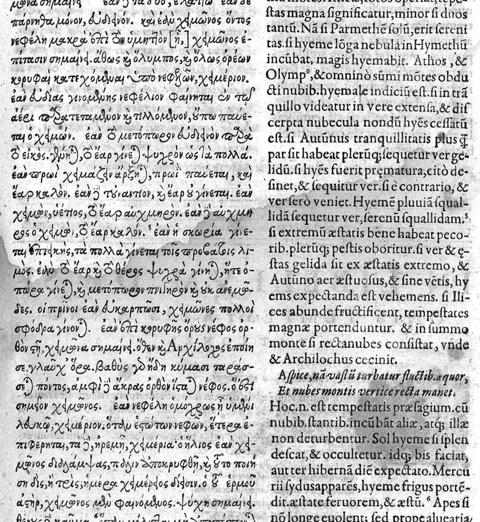An illustration from Theophrasti Eresii, peripateticorum post Aristotelem principis, Pleraque : antehac Latine nunquam, nunc Graece & Latine simul edita. Interpretibus, Daniele Furlano Cretensi, Adriano Turnebo. Accesserunt, Liber de innato spiritu, Aristoteli attributus, & Danielis Furlani Uberes ad omnia Commentarii : Ex Bibliotheca Ioan. Vincentii Pinelli, 1605, leaf 126