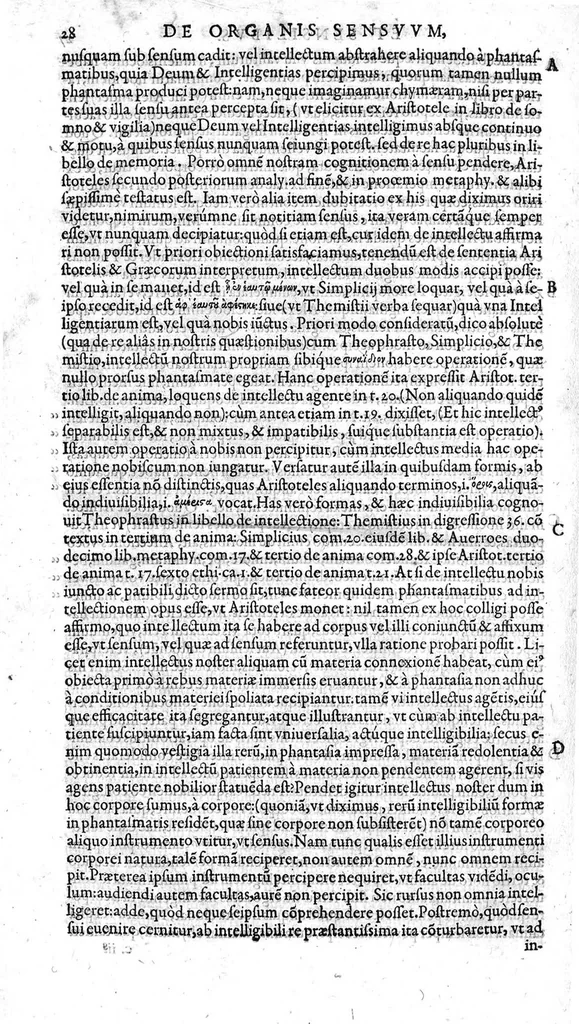 An illustration from Simonis Simonii,... In librum Aristotelis : Peri tôn aisthêtêriôn kai tôn aisthêtôn , hoc est : de Sensuum instrumentis et de his quae sub sensum cadunt, commentarius unus. Ejusdem in librum Arist. : peri Mnêmês kai tês anamnêseôs, hoc est : de Memoria et reminiscentia, commentarius alter..., 1566, leaf 39