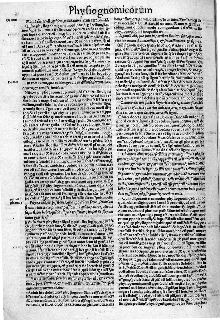 An illustration from Parva naturalia Augustini Niphi medices philosophi Suessani, videlicet Physiognomicorum libri tres, De animalium motu lib. unus, De longitudine & brevitate vitae lib. unus, De juventute & senectute lib. unus, De respiratione lib. unus, De morte & vita lib. unus, De memoria & reminiscentia lib. unus, De somno & vigilia lib. unus, De insomniis lib. unus, De divinatione naturali, artificiosa, et de prophetia lib. unus. Omnia post primas editiones nunc primum emendatiora in lucem prodeunt, 1550, leaf 11