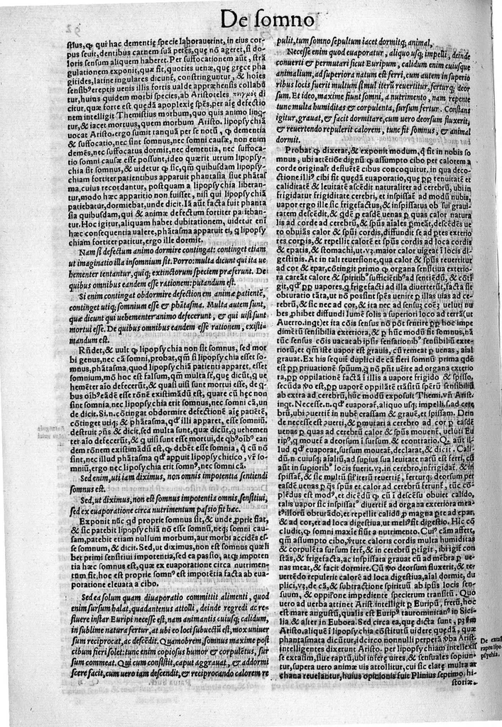 An illustration from Parva naturalia Augustini Niphi medices philosophi Suessani, videlicet Physiognomicorum libri tres, De animalium motu lib. unus, De longitudine & brevitate vitae lib. unus, De juventute & senectute lib. unus, De respiratione lib. unus, De morte & vita lib. unus, De memoria & reminiscentia lib. unus, De somno & vigilia lib. unus, De insomniis lib. unus, De divinatione naturali, artificiosa, et de prophetia lib. unus. Omnia post primas editiones nunc primum emendatiora in lucem prodeunt, 1550, leaf 183