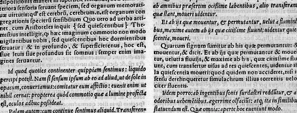 An illustration from Parva naturalia Augustini Niphi medices philosophi Suessani, videlicet Physiognomicorum libri tres, De animalium motu lib. unus, De longitudine & brevitate vitae lib. unus, De juventute & senectute lib. unus, De respiratione lib. unus, De morte & vita lib. unus, De memoria & reminiscentia lib. unus, De somno & vigilia lib. unus, De insomniis lib. unus, De divinatione naturali, artificiosa, et de prophetia lib. unus. Omnia post primas editiones nunc primum emendatiora in lucem prodeunt, 1550, leaf 196