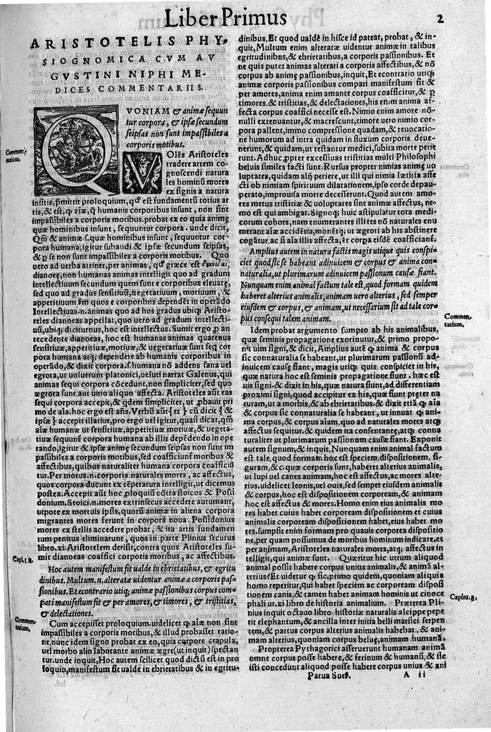 An illustration from Parva naturalia Augustini Niphi medices philosophi Suessani, videlicet Physiognomicorum libri tres, De animalium motu lib. unus, De longitudine & brevitate vitae lib. unus, De juventute & senectute lib. unus, De respiratione lib. unus, De morte & vita lib. unus, De memoria & reminiscentia lib. unus, De somno & vigilia lib. unus, De insomniis lib. unus, De divinatione naturali, artificiosa, et de prophetia lib. unus. Omnia post primas editiones nunc primum emendatiora in lucem prodeunt, 1550, leaf 2