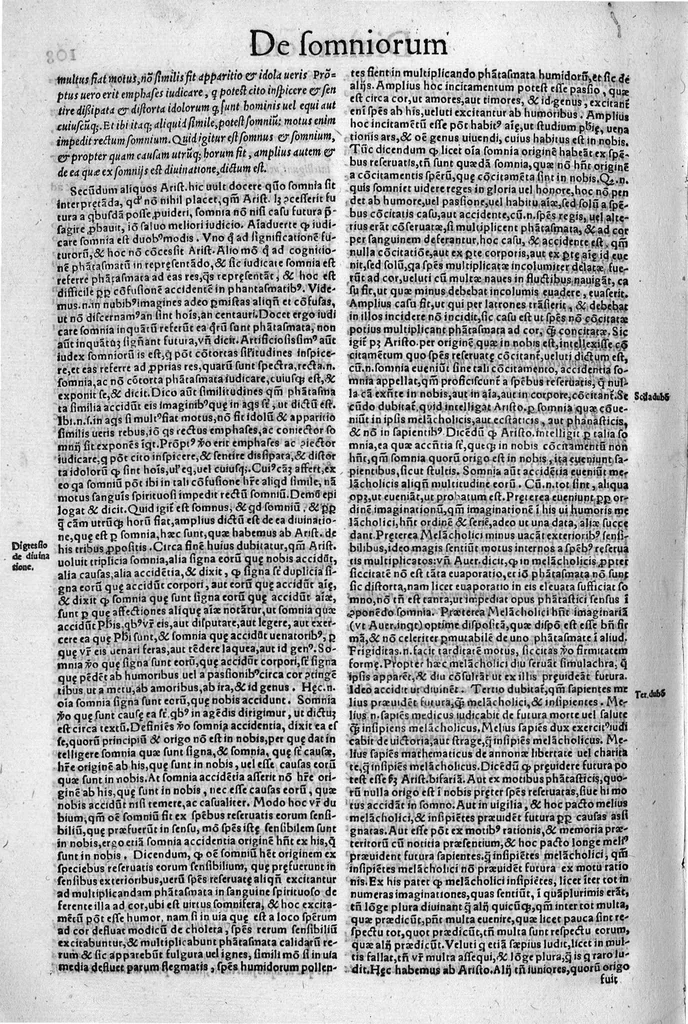 An illustration from Parva naturalia Augustini Niphi medices philosophi Suessani, videlicet Physiognomicorum libri tres, De animalium motu lib. unus, De longitudine & brevitate vitae lib. unus, De juventute & senectute lib. unus, De respiratione lib. unus, De morte & vita lib. unus, De memoria & reminiscentia lib. unus, De somno & vigilia lib. unus, De insomniis lib. unus, De divinatione naturali, artificiosa, et de prophetia lib. unus. Omnia post primas editiones nunc primum emendatiora in lucem prodeunt, 1550, leaf 215