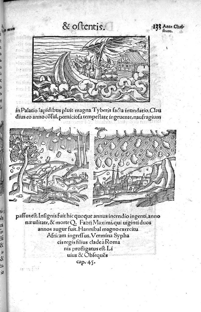 An illustration from Prodigiorum ac ostentorum chronicon, quae, praeter naturae ordinem, et in superioribus et his inferioribus mundi regionibus, ab exordio mundi usque ad haec nostra tempora acciderunt... conscriptum per Conradum Lycosthenem,..., 1557, leaf 144