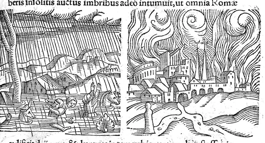 An illustration from Prodigiorum ac ostentorum chronicon, quae, praeter naturae ordinem, et in superioribus et his inferioribus mundi regionibus, ab exordio mundi usque ad haec nostra tempora acciderunt... conscriptum per Conradum Lycosthenem,..., 1557, leaf 202