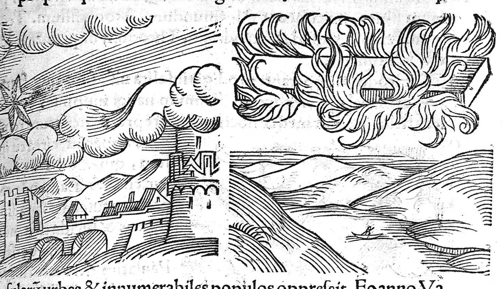 An illustration from Prodigiorum ac ostentorum chronicon, quae, praeter naturae ordinem, et in superioribus et his inferioribus mundi regionibus, ab exordio mundi usque ad haec nostra tempora acciderunt... conscriptum per Conradum Lycosthenem,..., 1557, leaf 290