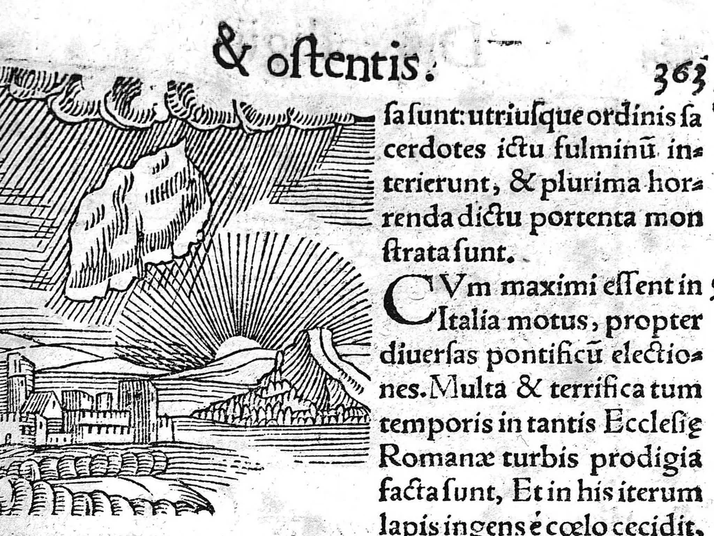An illustration from Prodigiorum ac ostentorum chronicon, quae, praeter naturae ordinem, et in superioribus et his inferioribus mundi regionibus, ab exordio mundi usque ad haec nostra tempora acciderunt... conscriptum per Conradum Lycosthenem,..., 1557, leaf 374