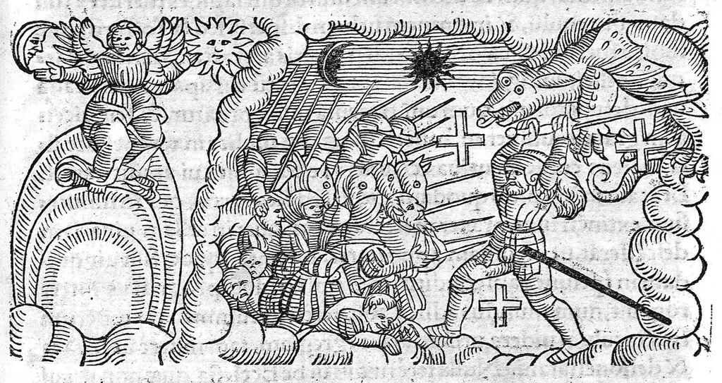 An illustration from Prodigiorum ac ostentorum chronicon, quae, praeter naturae ordinem, et in superioribus et his inferioribus mundi regionibus, ab exordio mundi usque ad haec nostra tempora acciderunt... conscriptum per Conradum Lycosthenem,..., 1557, leaf 596