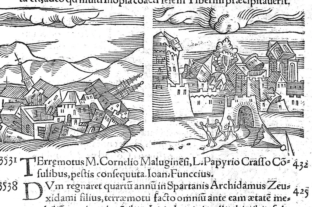 An illustration from Prodigiorum ac ostentorum chronicon, quae, praeter naturae ordinem, et in superioribus et his inferioribus mundi regionibus, ab exordio mundi usque ad haec nostra tempora acciderunt... conscriptum per Conradum Lycosthenem,..., 1557, leaf 90