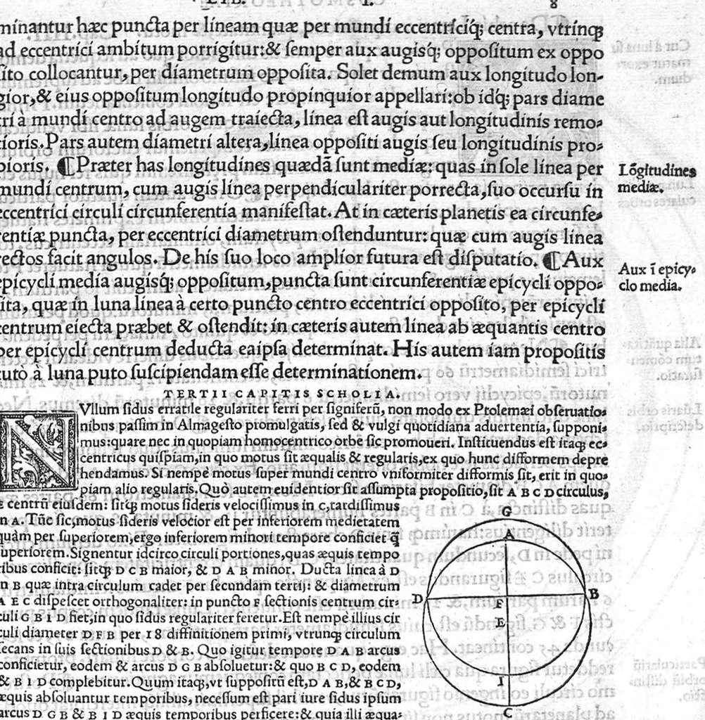 An illustration from Joannis Fernelii ambianatis Cosmotheoria, libros duos complexa : Prior, mundi totius & formam & compositionem : ejus subinde partium (quae elementa & caelestia sunt corpora) situs & magnitudines : orbium tandem motus quosvis solerter reserat. Posterior, ex motibus siderum loca & passiones disquirit : interspersis documentis haud poenitendum aditum ad astronomicas tabulas suppeditantibus. Haecque sejunctim tandem expedite praebet Planethodium. Cujusque capiti, perbrevia, demonstrationum loco, adjecta sunt scholia., 1528, leaf 26