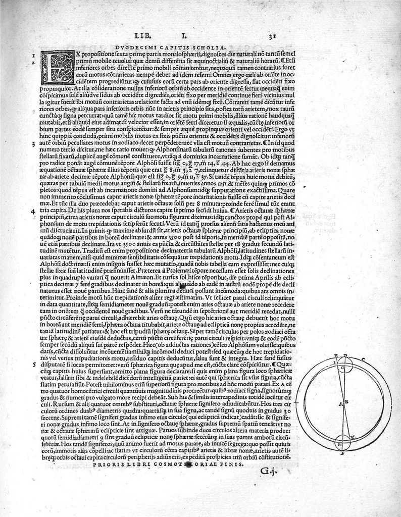 An illustration from Joannis Fernelii ambianatis Cosmotheoria, libros duos complexa : Prior, mundi totius & formam & compositionem : ejus subinde partium (quae elementa & caelestia sunt corpora) situs & magnitudines : orbium tandem motus quosvis solerter reserat. Posterior, ex motibus siderum loca & passiones disquirit : interspersis documentis haud poenitendum aditum ad astronomicas tabulas suppeditantibus. Haecque sejunctim tandem expedite praebet Planethodium. Cujusque capiti, perbrevia, demonstrationum loco, adjecta sunt scholia., 1528, leaf 72