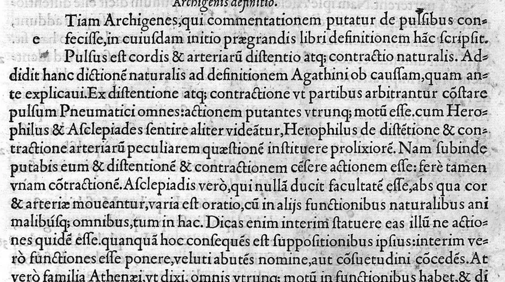 An illustration from Galeni Opera de pvlsibvs Hermanno Crvserio Campensi interprete. Quae in hoc opere continentur, proxima pagina indicabit, 1532, leaf 86