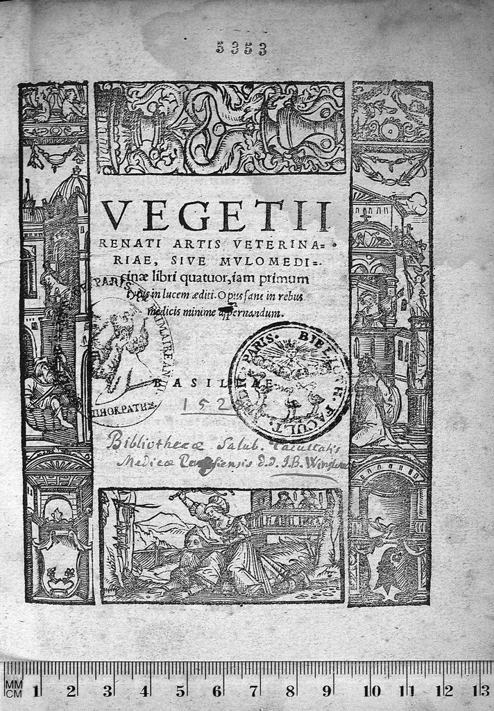 An illustration from Vegetii Renati Artis veterinariae, sive Mulomedicinae libri quatuor, jam primum typis in lucem aediti. Opus sane in rebus medicis minime aspernandum., 1528, leaf 0