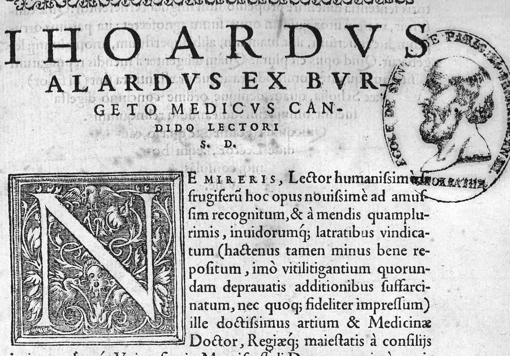 An illustration from Notabilia supra Guidonem scripta, aucta, recognita, ab excellenti Medicinae dilucidatore Domino Joanne Falcone, Montispessulanae Academiae Decano. Quae cum a multis antehac et typographis, et invidis depravata fuerint, ita ut falsa pro veris supposita, sed vera pro falsis, et utilia pro inutilibus perniciose substracta sint : nunc tamem ab omni labe repurgata, nec mediocri adhibita diligentia pristino nitori ac integritati restituta : imo vero additis duorum Medicinae luminum Hippocratis et Galeni, necnon Avicennae, Rhasis, Avenzoar, Mesuae, aliorumque insignium Medicorum autoritatibus illustrata sic recens in lucem emissa proferuntur, 1559, leaf 2