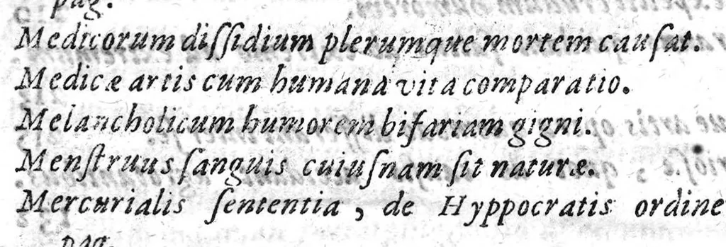 An illustration from Hyppocratis epidemialium observationum pars prima. : Quatuor contenta languentibus. In qua ne dum praxis methodica, cum auxiliis legitur, sed etiam multa quaestiones, philosophis, ac medicis utilissime, proponuntur. Marii Zuccari philosophi ac medici Neapolitani ..., 1621, leaf 22
