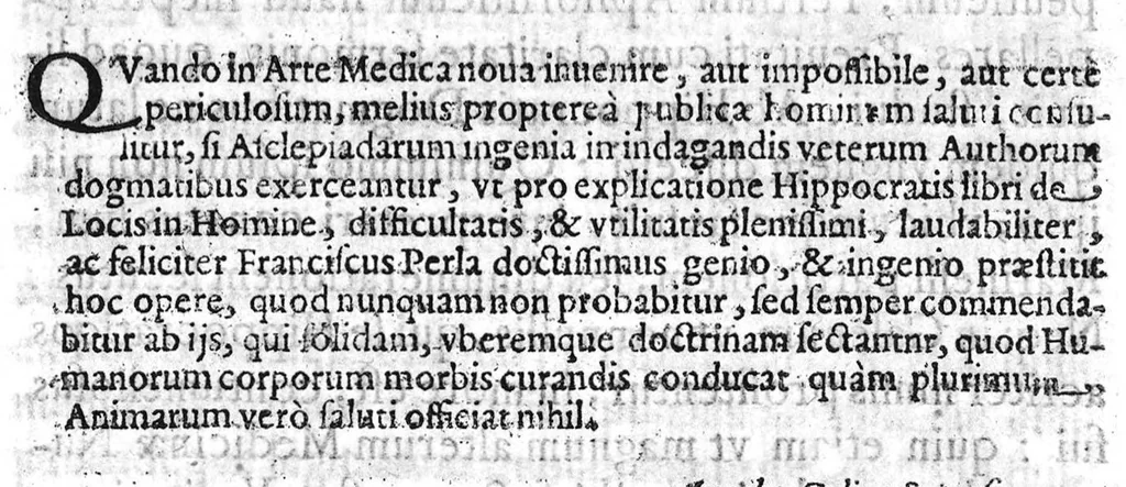 An illustration from Hippocratis Coi Medicorum principis Liber de Locis in Homine commentariis illustratus a Francisco Perla Calviensi, 1638, leaf 17