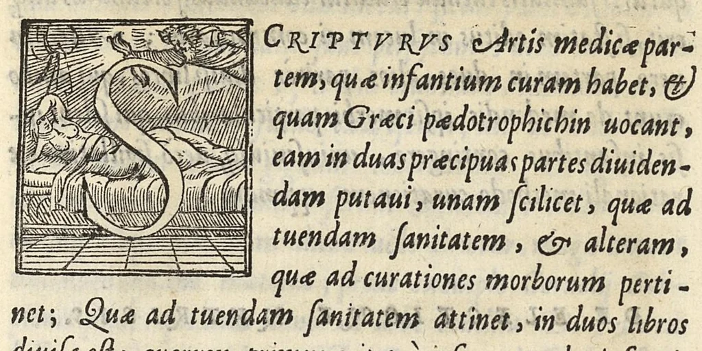 An illustration from Omniboni Ferrarii, medici ac philosophi De Arte medica infantium libri quatuor. Quorum duo priores De tuenda eorum sanitate, posteriores de curandis morbis agunt ..., 1577, leaf 12