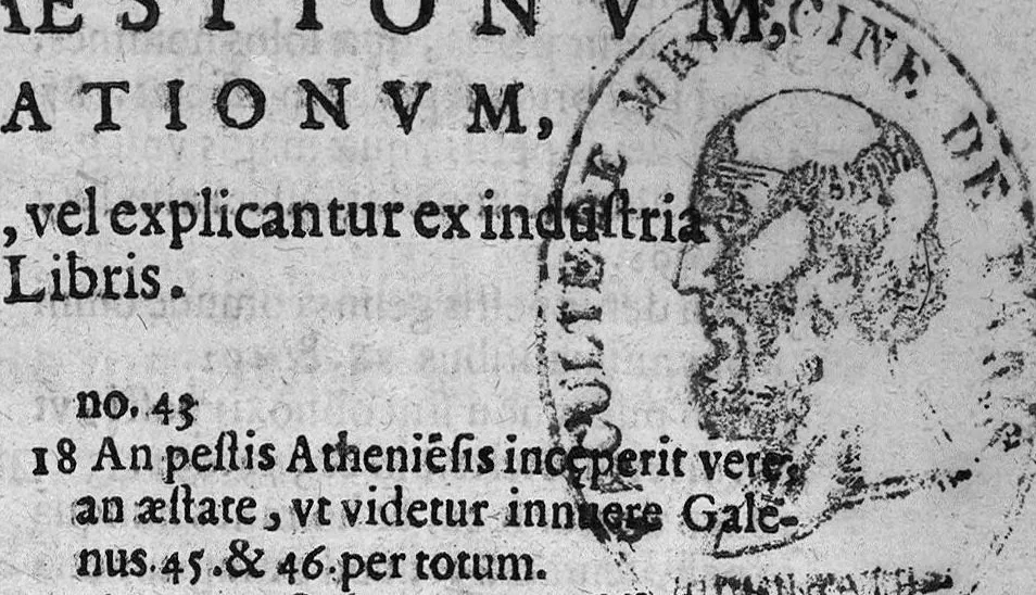 An illustration from Praelectiones Marciae, sive Commentaria in Thucydidis historiam, seu narrationem de Peste Atheniensium., 1603, leaf 6