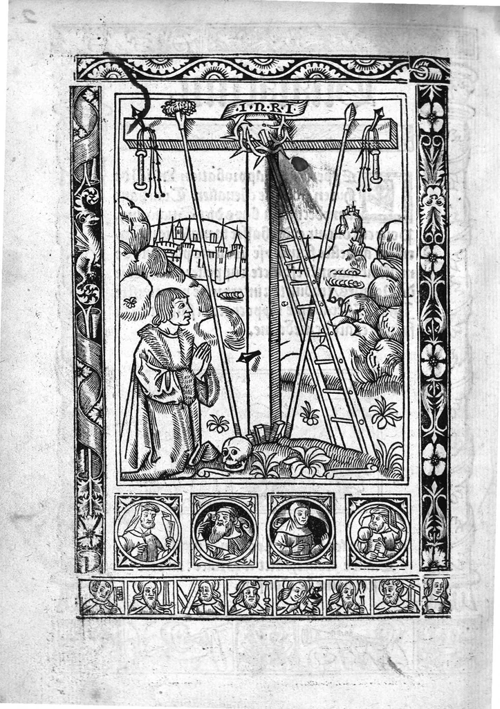 An illustration from Guaiacum. L’experience et approbation Ulrich de Huten notable chevalier. Touchant la medecine du boys dict Guaiacum. Pour circonvenir et dechasser la maladie indeuement appelle francoyse Aincois par gens de meilleur jugement est dicte et appelle la maladie de Neaples, traduicte et interpretee par maistre Jehan Cheradame, Hypocrates estudiant en la faculte et art de medecine,, 1520, leaf 1