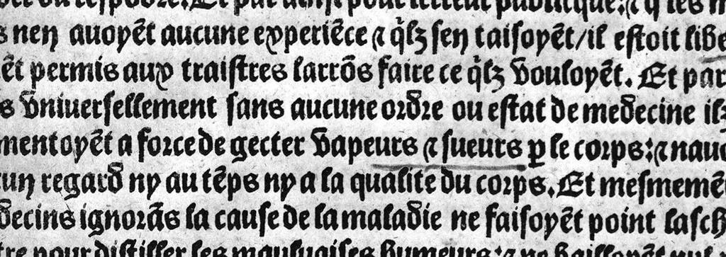 An illustration from Guaiacum. L’experience et approbation Ulrich de Huten notable chevalier. Touchant la medecine du boys dict Guaiacum. Pour circonvenir et dechasser la maladie indeuement appelle francoyse Aincois par gens de meilleur jugement est dicte et appelle la maladie de Neaples, traduicte et interpretee par maistre Jehan Cheradame, Hypocrates estudiant en la faculte et art de medecine,, 1520, leaf 10