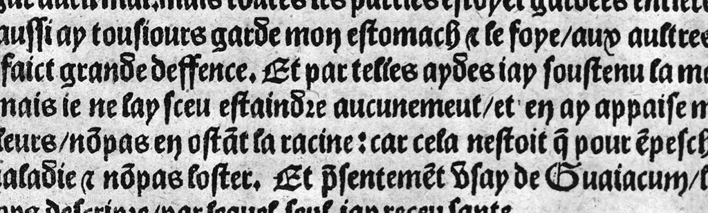 An illustration from Guaiacum. L’experience et approbation Ulrich de Huten notable chevalier. Touchant la medecine du boys dict Guaiacum. Pour circonvenir et dechasser la maladie indeuement appelle francoyse Aincois par gens de meilleur jugement est dicte et appelle la maladie de Neaples, traduicte et interpretee par maistre Jehan Cheradame, Hypocrates estudiant en la faculte et art de medecine,, 1520, leaf 12