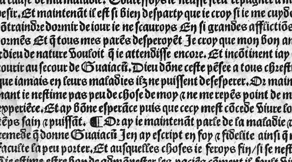 An illustration from Guaiacum. L’experience et approbation Ulrich de Huten notable chevalier. Touchant la medecine du boys dict Guaiacum. Pour circonvenir et dechasser la maladie indeuement appelle francoyse Aincois par gens de meilleur jugement est dicte et appelle la maladie de Neaples, traduicte et interpretee par maistre Jehan Cheradame, Hypocrates estudiant en la faculte et art de medecine,, 1520, leaf 67