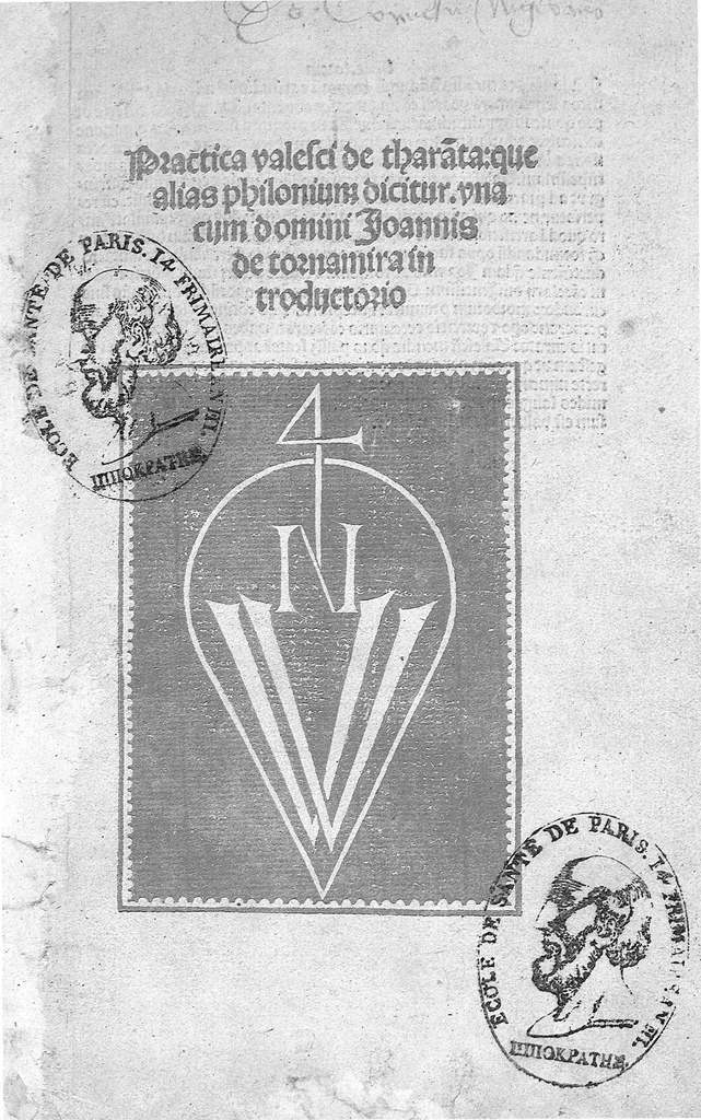 An illustration from Practica Valesci de Tharanta : que alias Philonium dicitur. Una cum domini Joannis de tornamira introductorio. Suivi de : Summula Jacobi de Partibus alphabetum super plurimis remediis ex ipsius mesue libris exerptis..., 1500, leaf 0