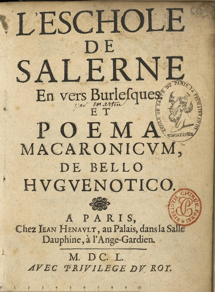 An illustration from L'Eschole de Salerne en vers burlesques, 1650, leaf 0
