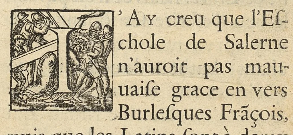 An illustration from L'Eschole de Salerne en vers burlesques, 1650, leaf 4