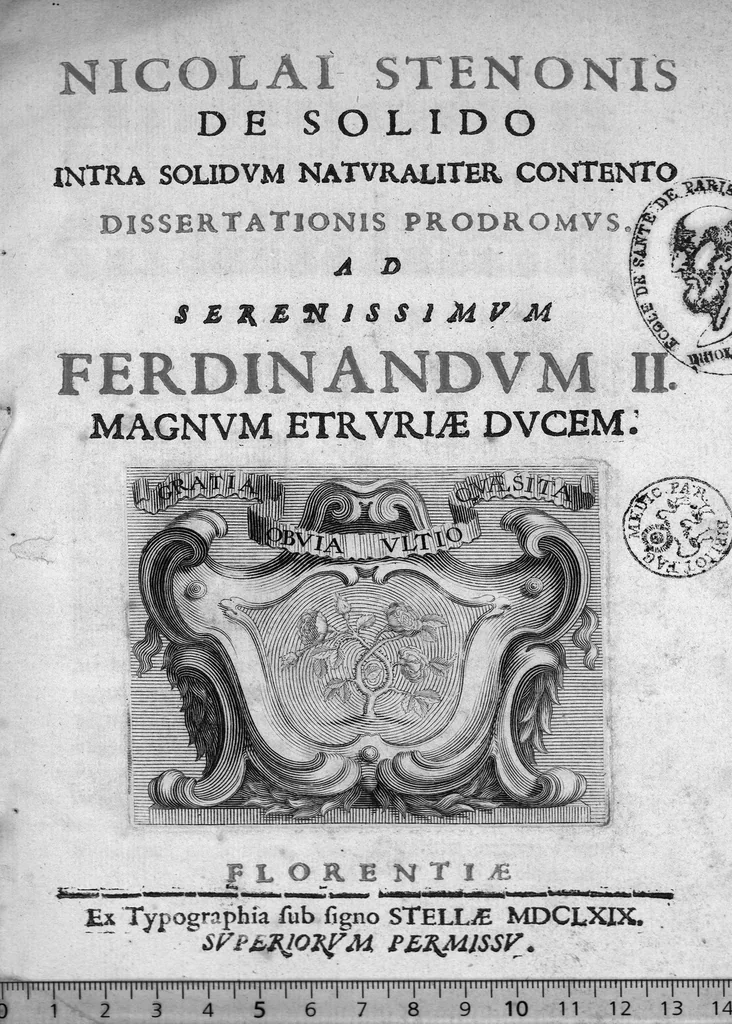 An illustration from Nicolai Stenonis de Solido intra solidum naturaliter contento dissertationis prodromus..., 1669, leaf 0