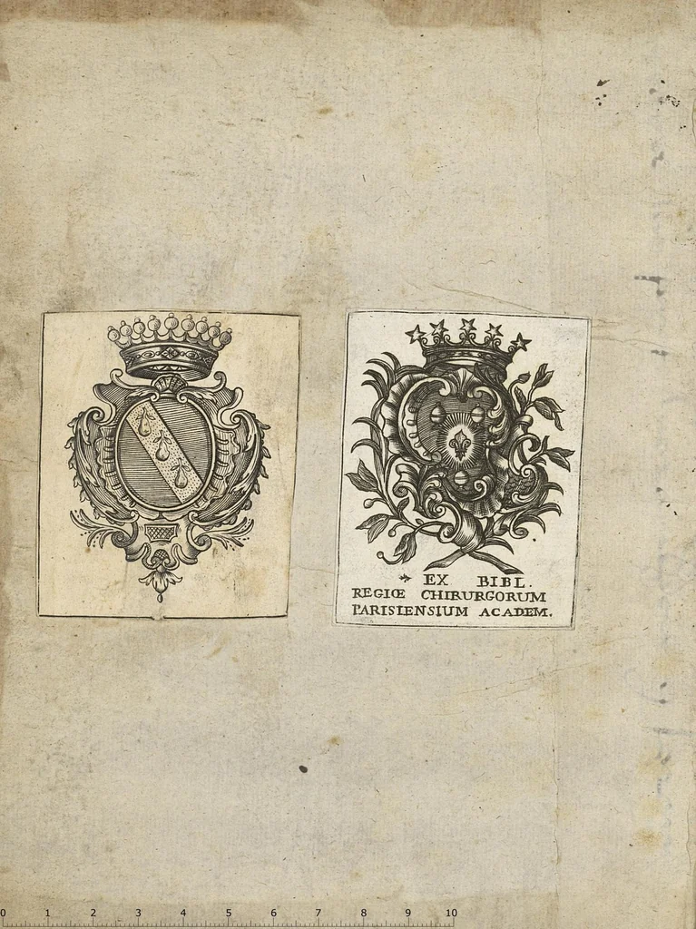 An illustration from La Pharmacopée de Bauderon, revvë, et exactement corrigée en plus de treize cens endroits, des fautes qui s'étoient glissées dans les precedentes editions. et de nouveau augmentée de plusieurs remarques fort utiles, tant sur la theriaque...par François Verny. Derniere edition, 1672, leaf 1