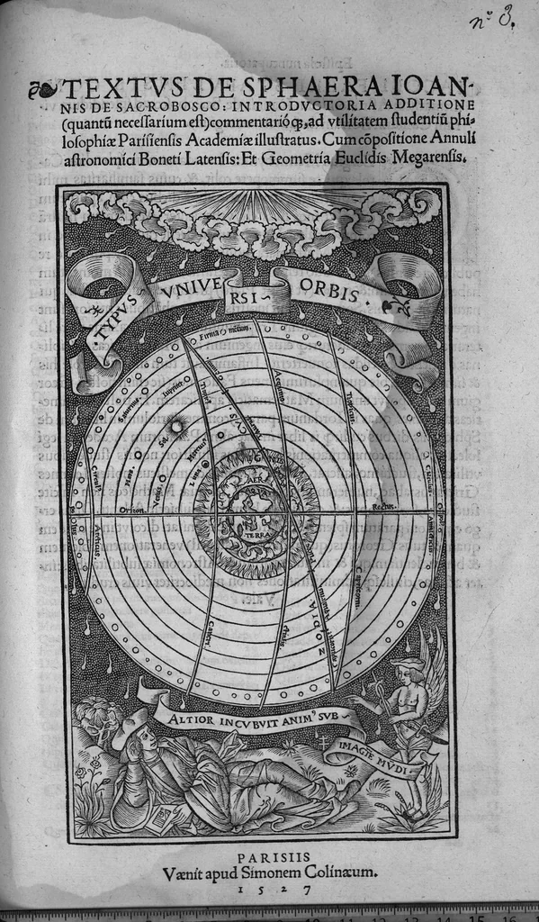 An illustration from Textus de sphaera Joannis de Sacrobosco introductoria additione... commentarioque [Jacobi Fabri Stapulensis] ad utilitatem studendium philosophiae Parisiensis Academiae illustratus, cum compositione annuli astronomici Boneti Latensis et geometria Euclidis..., 1527, leaf 0