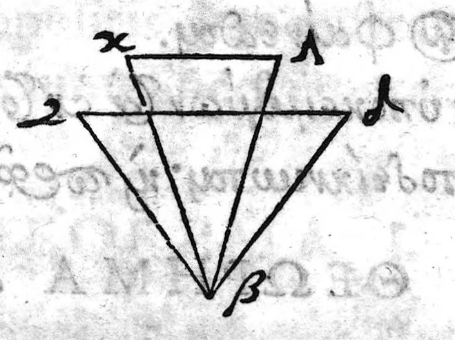 An illustration from Damiani Philosophi Heliodori Larissæi De Opticis Libri II : Nunc primum editi, et Animaduersionibus illustrati Ab Erasmio Bartholino Casp. Filio, 1657, leaf 65