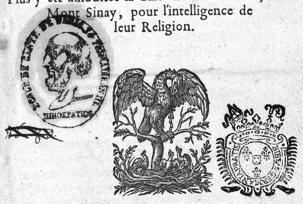 An illustration from Portraicts d'oyseaux, animaux, serpens, herbes, arbres, hommes et femmes d'Arabie & d'Egypte, observez par P. Belon du Mans...est adjoutée une carte du Mont Athos , & du Mont Sinay, 1618, leaf 0