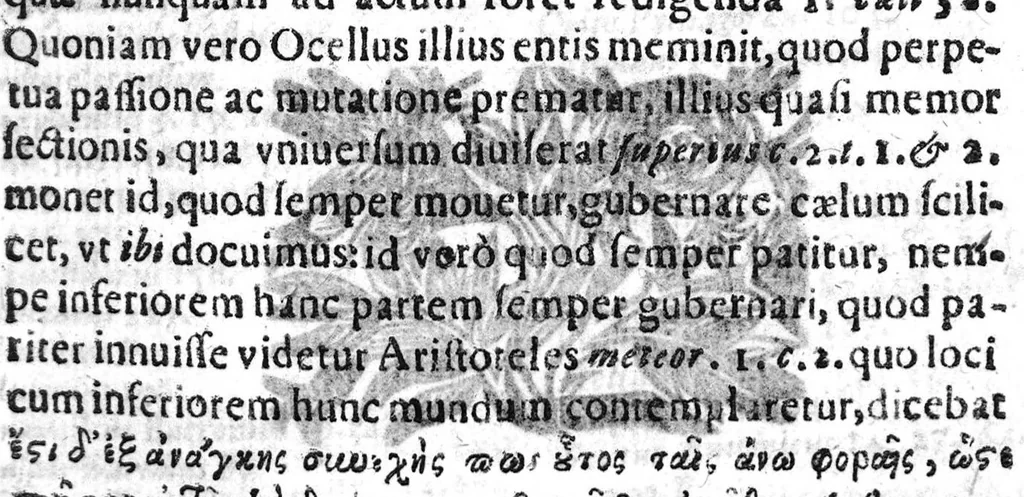 An illustration from Okellos o Leukanos philosophos... Ocellus Lucanus philosophus De vniversi natura textum è Graeco in Latinum transtulit, collatisque multis exemplaribus etiam M.SS. emendauit, paraphrasi, & commentario illustrauit Carolus Emmanuel Vizzanius ... Pars physica, 1646, leaf 368