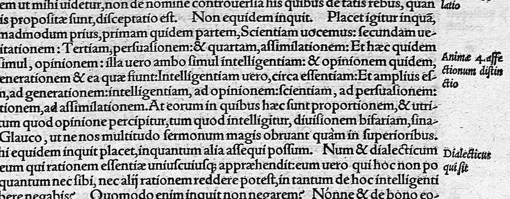 An illustration from Platonis opera qvae ad nos extant omnia per Ianvm Cornarivm Latina lingua conscripta Eiusdem Iani Cornarii eclogæ decem, breuiter et sententiarum et genuinæ verborum lectionis, locos selectos complectentes ; Additis Marsilii Ficini argumentis et commentariis in singulos dialogos cum indice rerum memorabilium elaboratissimo, 1561, leaf 676