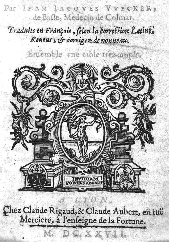 An illustration from Les secrets et merveilles de nature, recueillis de divers autheurs, & divisez en dix-sept livres, par Jean-Jacques Wecker..., traduit en françois selon la correction latine, reveus, & corrigez de nouveau, 1627, leaf 0