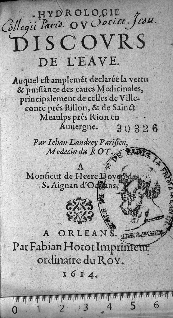 An illustration from Hydrologie ou discours de l'Eave, 1614, leaf 0