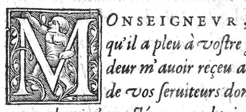 An illustration from Replique à la response de M. maistre Jacques Vairas...sur la refutation et dispute entre eux desbattues, quant à la curation des Arcbusades. Chasque article desbatu tant par la doctrine d’Hippocrates, Galen, Guy, Paracelse et autres : le tout fidellement cottés en marge, et ou le Lecteur pourra voir la diligence dudict Aucteur, 1590, leaf 2