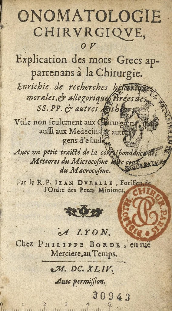 An illustration from Onomatologie chirurgique ou explication des mots grecs appartenans à la chirurgie...avec un petit traicté de la correspondance des meteores..., 1644, leaf 0